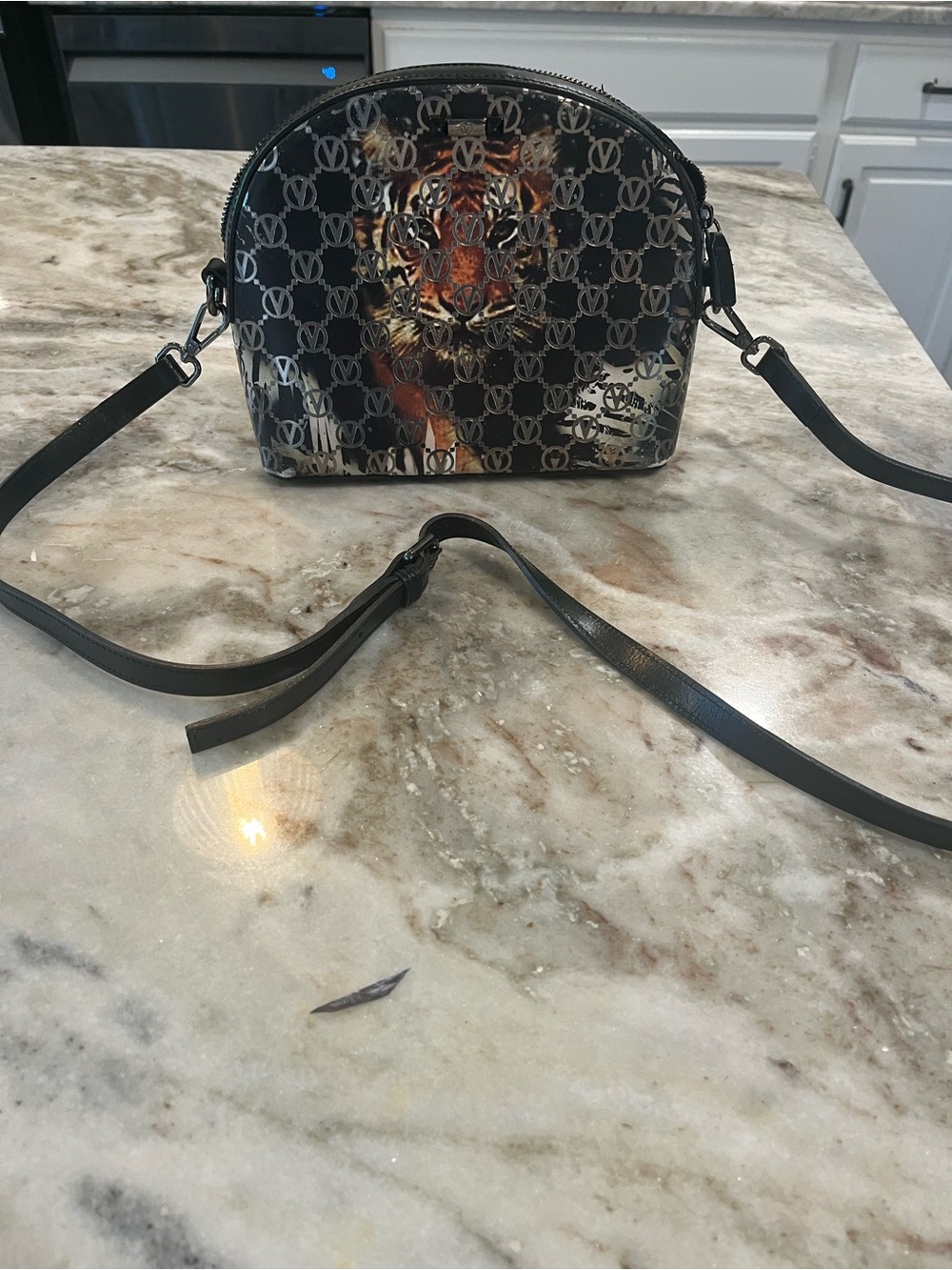 Valentino Black Patterned Dome Crossbody Bag with Tiger Motif